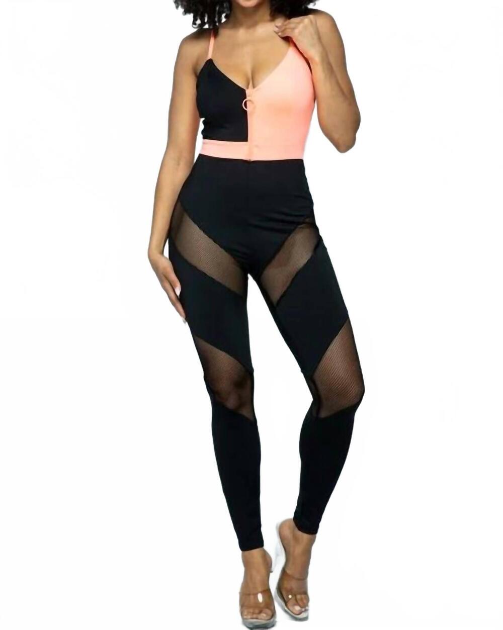 NEW BLANC keep'em staring spaghetti strap fish net combo jumpsuit in black/neon